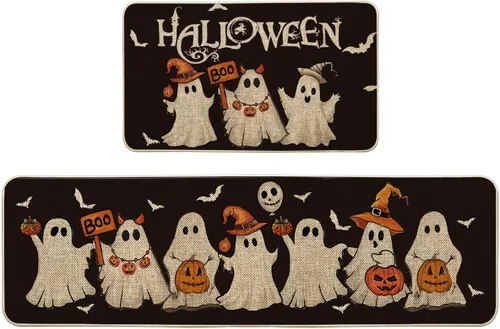 Vista 8 de Artoid Mode Juego de 3 tapetes de cocina de Halloween con diseño de murciélago y calabaza, fantasma, color negro, decoración del hogar, alfombras