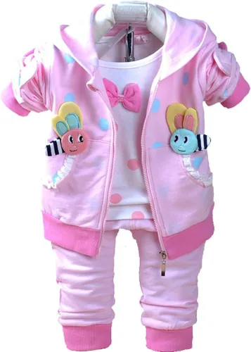 Vista 2 de Yao 6M-4Y 3pcs Bebé Niña Casual Sudadera Con Capucha Chaqueta Algodón Camiseta Pantalones Suéter Rosa fuerte