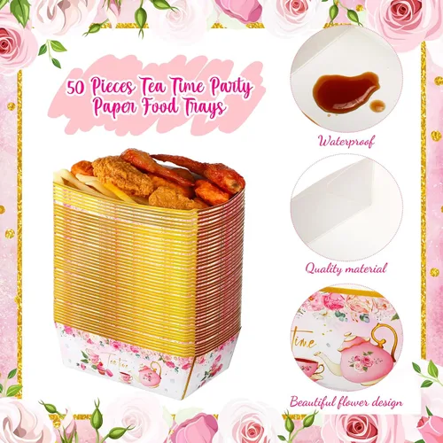 Vista 6 de Blulu 50 bandejas de papel para fiestas florales a granel, flores, té, botes, bandejas desechables para aperitivos para mujeres y niñas, fiesta
