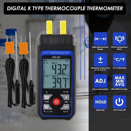 Vista 2 de Termómetro de Termopar Termómetro Digital Tipo K con 4 Termocuplas, Rango de Medición -328~2500℉ Medidor de Temperatura HVAC de Doble Canal
