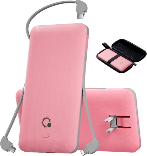 Vista 10 de Q 10000 mAh Banco de energía, cargador portátil delgado, paquete de batería externa con 4 salidas, enchufe de pared AC incorporado, cables Micro USB