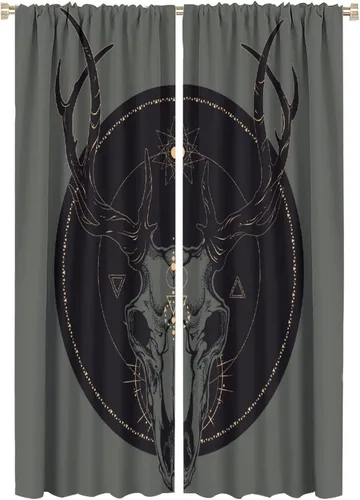 Vista 21 de BAEKJIN Cortinas de cabeza de cabra, diseño de calavera malvada, bruja, símbolo misterioso, bolsillo para barra, cortinas opacas para ventana, juego