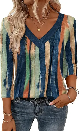 Vista 18 de Zeagoo Camisetas de manga 3/4 para mujer, cuello en V, blusa casual elegante, camisetas básicas 2026, ropa de moda S-2XL
