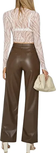 Vista 3 de Pantalones de piel sintética para mujer, cintura alta, pierna recta, pantalones holgados, estilo vintage de los años 90