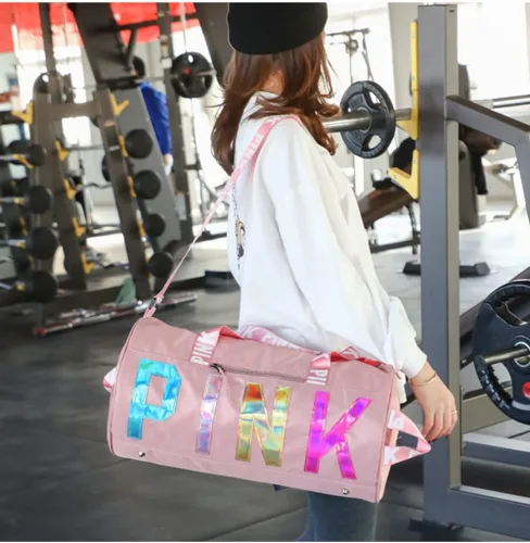 Vista 7 de GUMII Bolsa deportiva grande para mujer, bolsa de lona rosa, bolsa de gimnasio, bolsa de viaje, bolsa de entrenamiento, bonita bolsa