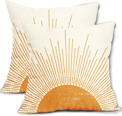 Vista 3 de Juego de 2 fundas de almohada verdes bohemias de 16 x 16 pulgadas, diseño bohemio, amanecer, puesta de sol, estampado abstracto de sol, fundas