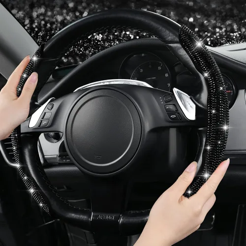 Vista 3 de CAR PASS 2 piezas de funda de volante con diamantes brillantes segmentada con cristales de imitación de diamantes, protector de volante
