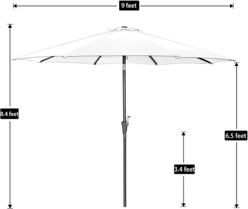 Vista 5 de Sombrilla de patio de 9 pies para exteriores, sombrilla de mercado con botón de inclinación y manivela para elevar, 8 varillas (beige)