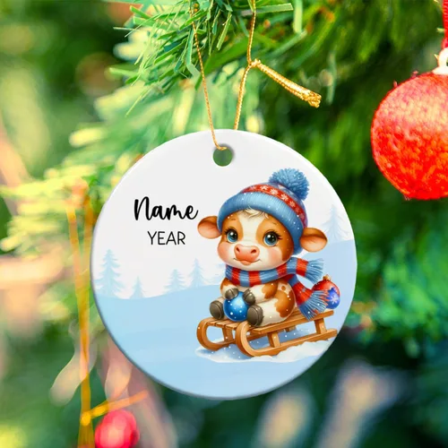 Vista 6 de Adornos de Navidad personalizados de vaca para niños, adornos personalizados de la primera Navidad del bebé de vaca para recién nacido, adorno