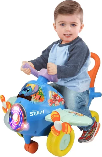 Vista 2 de Kiddieland: Avión de actividad: Stitch - Vehículo Disney con luz y sonido, pie a piso, tablero interactivo, hélices, mango de empuje y tracción