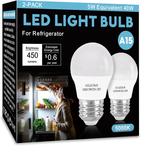 Vista 9 de LED Refrigerator Light Bulb 2 Pack，Soft White 2700K 120V 40W Equivalent Appliance Bulb，A15 5W E26 Base Waterproof Fridge Light Bulbs for Freezer