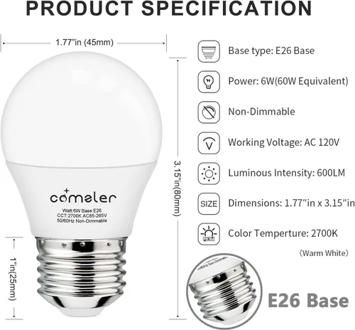 Vista 3 de comzler Bombilla pequeña de 6 W, luz blanca cálida de 2700 K, equivalente a 60 vatios, base de tornillo estándar E26 con forma A15/G45