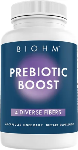Vista 2 de BIOHM Paquete de prebióticos y probióticos para mujeres, suplemento de fibra con inulina y pectina de manzana en polvo, 60 cápsulas con probióticos