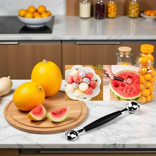 Vista 3 de Cuchara de melón de acero inoxidable 2 en 1, cuchara de melón de doble cara, helado de melón de sandía adecuado, cómodo agarre antideslizante