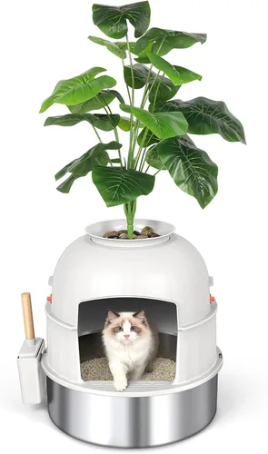 Vista 10 de Caja de arena oculta para gatos con planta artificial, muebles de acero inoxidable, maceta redonda decorativa incluye cuchara, guijarros, filtro