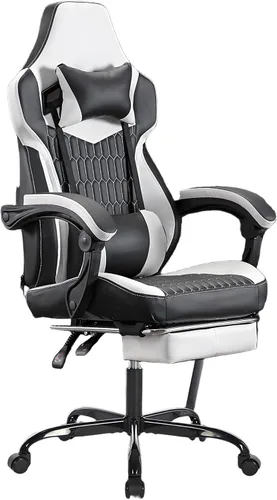 Vista 15 de Silla ergonómica de cuero para juegos con reposapiés, cómoda silla de juegos beige con cómodo reposacabezas y soporte lumbar para adultos, niños