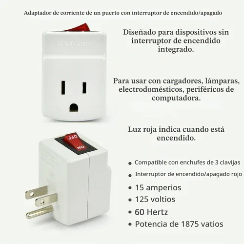 Vista 2 de Adaptador de corriente de un solo puerto con conexión a tierra de 3 clavijas para toma de corriente con indicador iluminado interruptor