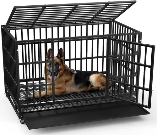 Vista 9 de LEMBERI - Jaula para perro indestructible y resistente de 48/38 pulgadas, a prueba de escapes con ruedas bloqueables, doble puerta para evitar