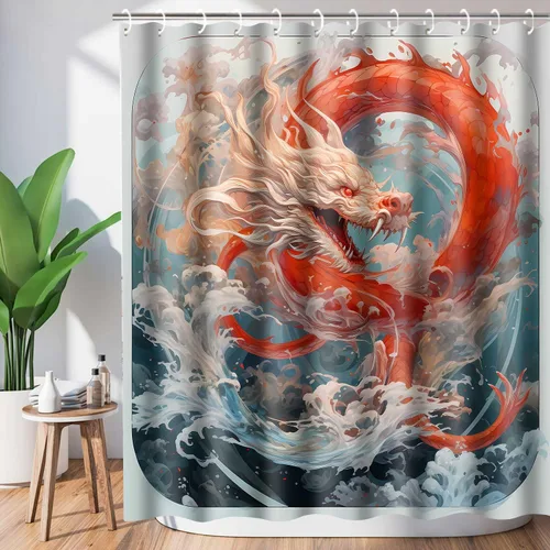 Vista 11 de YLOKPA0717 - Cortina de ducha de dragón japonés con ganchos, enorme ola de mar, cortina de baño de dragón rojo, 36 x 72 pulgadas, decoración de baño