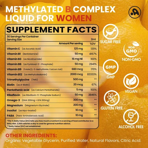 Vista 2 de Methylated B Complex Liquid Drop, vitaminas del complejo B líquido para mujeres, con metil B12, metilfolato, B1, B3, B5, B6, B7, C, Omega-3