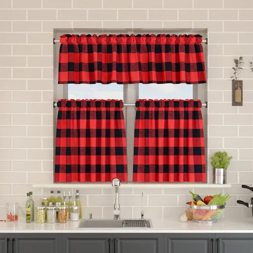 Vista 66 de Cenefas de cortina para ventana de 16 pulgadas de largo, 2 paneles de cuadros búfalo, cortinas pequeñas con bolsillo para barra, estilo clásico