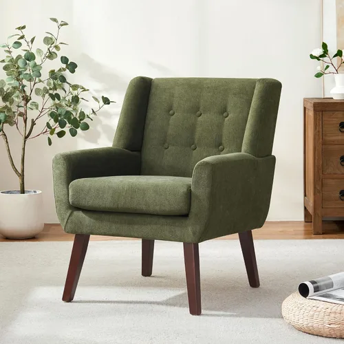Vista 10 de HUIMO - Sillas Accent para sala de estar, sillón tapizado de lino con botones y nudos con patas de madera, cómodo sillón moderno de mediados