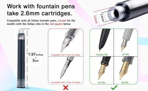 Vista 5 de Jinhao Cartuchos de tinta para pluma estilográfica Verde - Juego de 30 piezas de cartuchos de tinta de calibre 2.6mm de estándar internacional