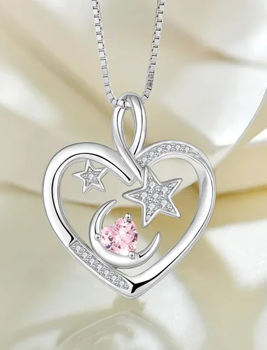 Vista 3 de PYNZY Moon and Star Pendant for Women, 925 Sterling Silver Heart Birthstones Necklaces for Jewelry Gifts
