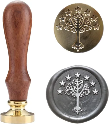 Vista 2 de Kit de sellos de cera, sello de cera de cresta de árbol real con mango de madera vintage para invitaciones de boda, sobres, tarjetas y embalaje