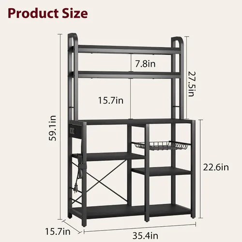 Vista 6 de IDEALHOUSE Estante para panaderos con toma de corriente, barra de café con cajón de alambre, soporte industrial para microondas, mesa de buffet