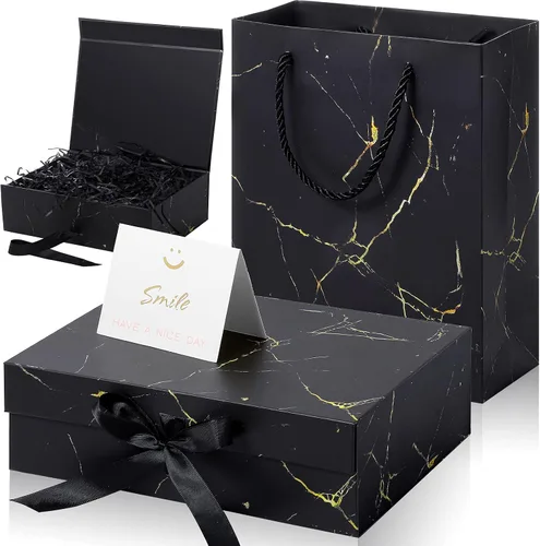 Vista 13 de Zonon - Caja de regalo de lujo color negro y rosa con tapa y cinta, bolsa de regalo de 9 x 7 x 3 pulgadas, con tarjeta de felicitación, papel