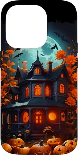 Vista 17 de iPhone 16 Halloween Spooky Haunted House Bats & Carved Pumpkins Case
