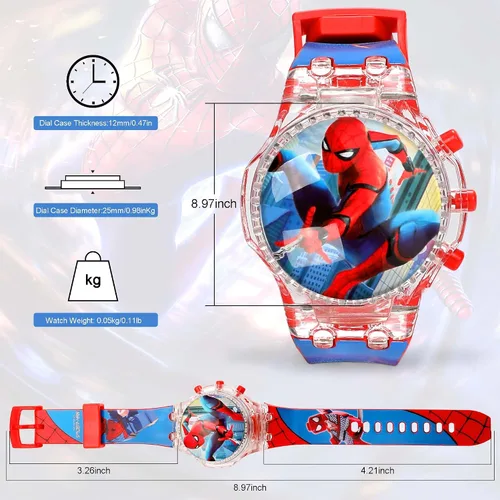Vista 2 de Tawekel Spider-Man - Reloj de música luminoso, esfera giratoria, reloj digital de dibujos animados, regalo de San Valentín para niños y niñas
