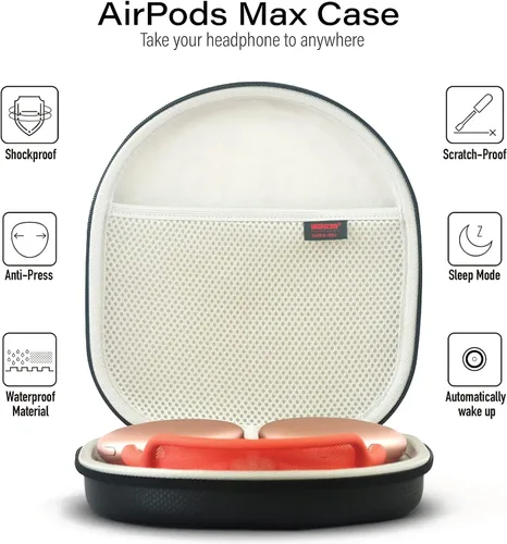 Vista 4 de iBenzer Funda para AirPods Max Funda de transporte de viaje para auriculares con bolsillo de malla, bolsa de almacenamiento impermeable, accesorios