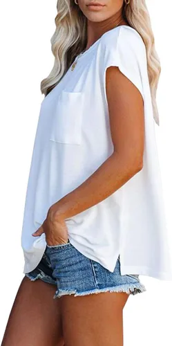 Vista 2 de WMZCYXY Camiseta sin mangas de verano para mujer, cuello redondo, casual, holgada, con bolsillo