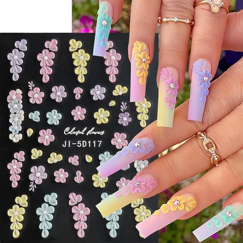 Vista 8 de Calcomanías de uñas, 4 hojas en relieve floral 5D, autoadhesivas para manicura de bricolaje