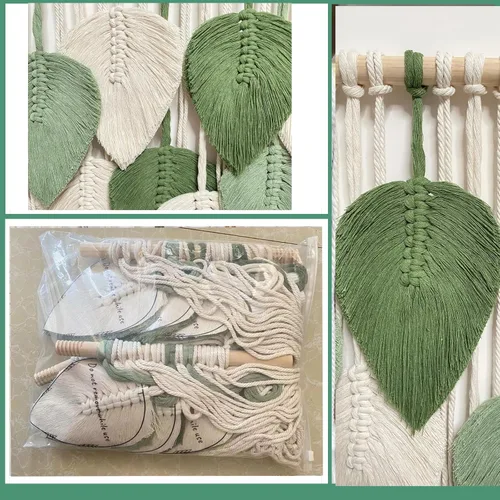 Vista 3 de MSFENG Tapiz para colgar en la pared, diseño de hojas, bohemio, decoración de pared tejida con plumas tejidas a mano, borlas de hilo tejido, Verde
