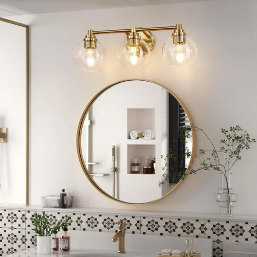 Vista 2 de Lámparas de baño de 3 luces, moderna lámpara de tocador con pantalla de cristal de globo, luces de baño doradas cepilladas sobre el espejo, luces