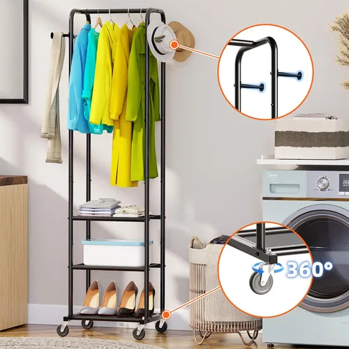 Vista 6 de Ekisemio Perchero de ropa resistente con ruedas, moderno perchero con 3 estantes de metal, color negro