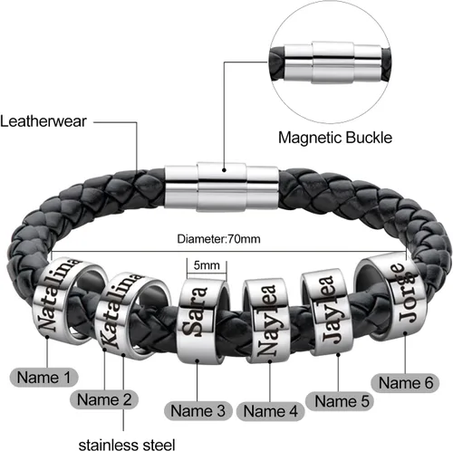 Vista 2 de Pulseras de cuero para hombre con 1-6 cuentas grabadas y nombre personalizado con nombre de identificación, pulsera trenzada para hombres, marido