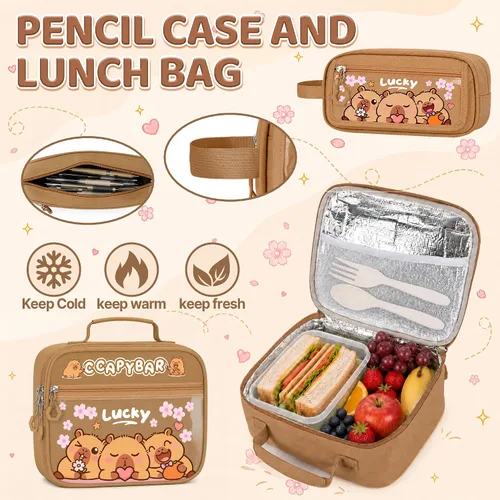 Vista 5 de Capybara Backpack for Girls, 4 PCS Capybara Backpack with Lunch Box Set Capibara.