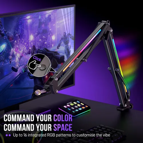 Vista 4 de FIFINE Brazo de Micrófono Articulado, Soporte de Micrófono Ajustable de Metal con Control RGB, Adaptador de Tornillo de 3/8" a 5/8", Abrazadera