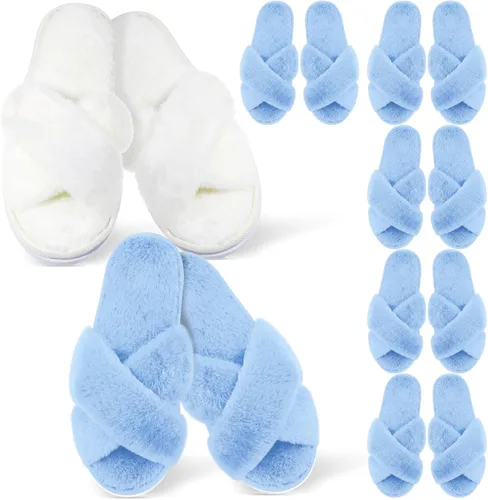 Vista 8 de JenPen 7 pares de pantuflas peludas para damas de honor con banda cruzada Blanco