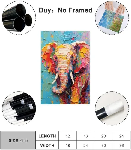 Vista 2 de Fyzuf Póster de elefante para pared, pintura al óleo animal sobre lienzo, póster de elefante cubismo colorido elefante estético R lienzo póster sin