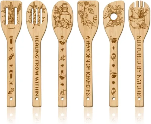 Vista 8 de GLOBLELAND Juego de 6 cucharas de madera de diente de león con diseño de mariposa y bambú, utensilios de cocina de madera grabada, juego