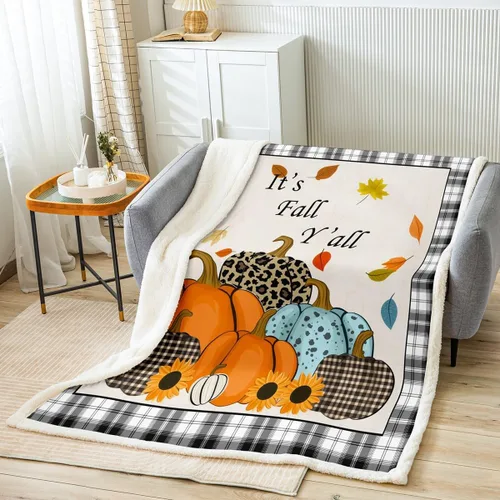 Vista 9 de Manfei Manta de otoño con diseño de hojas de calabaza, dibujos animados, arcoíris, zorro, oso, ciervo, para niños y niñas, manta de cosecha de otoño