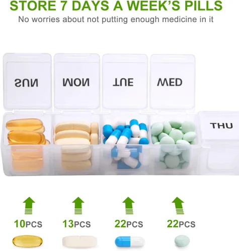 Vista 2 de Sukuos Pastillero semanal extra grande, 2 unidades, pastillero diario de 7 días para medicamentos, vitaminas, aceites de pescado o suplementos