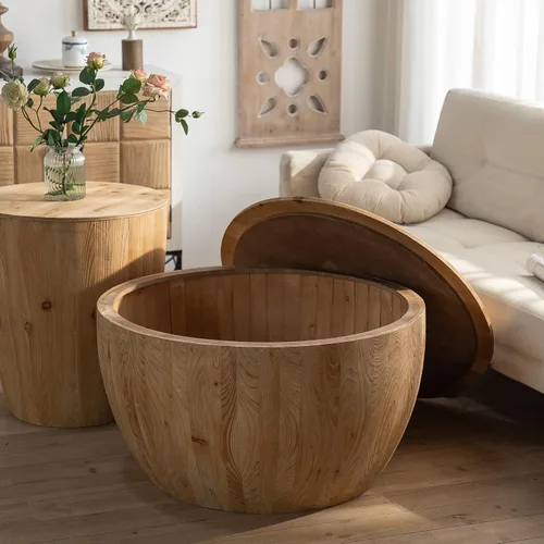 Vista 37 de Mesa auxiliar moderna de madera rústica de 2 niveles, mesas de noche compactas para sala de estar, mesita de noche rectangular minimalista