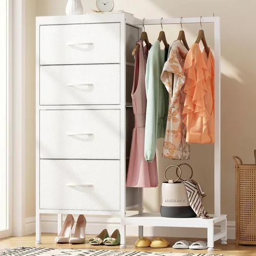 Vista 10 de HIGDBFE Cómoda alta de 44 pulgadas de alto con estante para colgar, cómoda pequeña de 4 cajones para dormitorio, cómoda de tela reversible