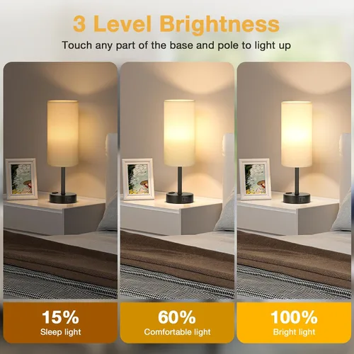 Vista 2 de Juego de 2 lámparas de mesa táctiles para dormitorio en blanco, lámparas de noche regulables de 3 niveles con puertos USB C y A, lámparas de mesita